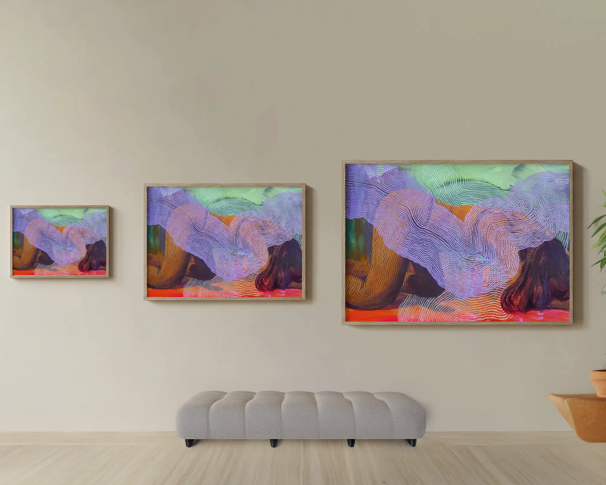 no instructions A3, 50x70cm and 100x70cm fine art posters on a wall in a row